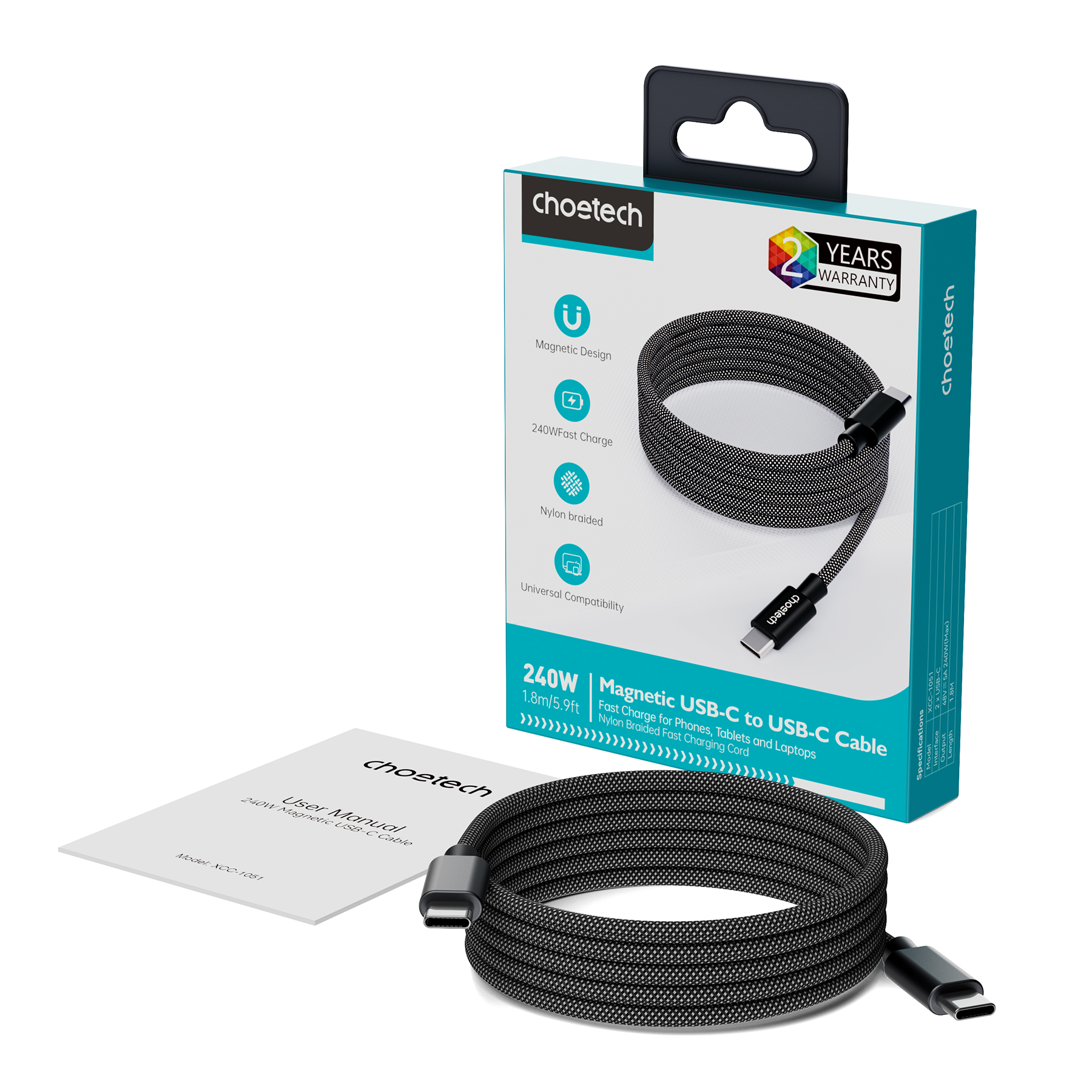 Choetech XCC-1051 PD3.1 240W USB-C to USB-C Magnet Cable Black 1.8M