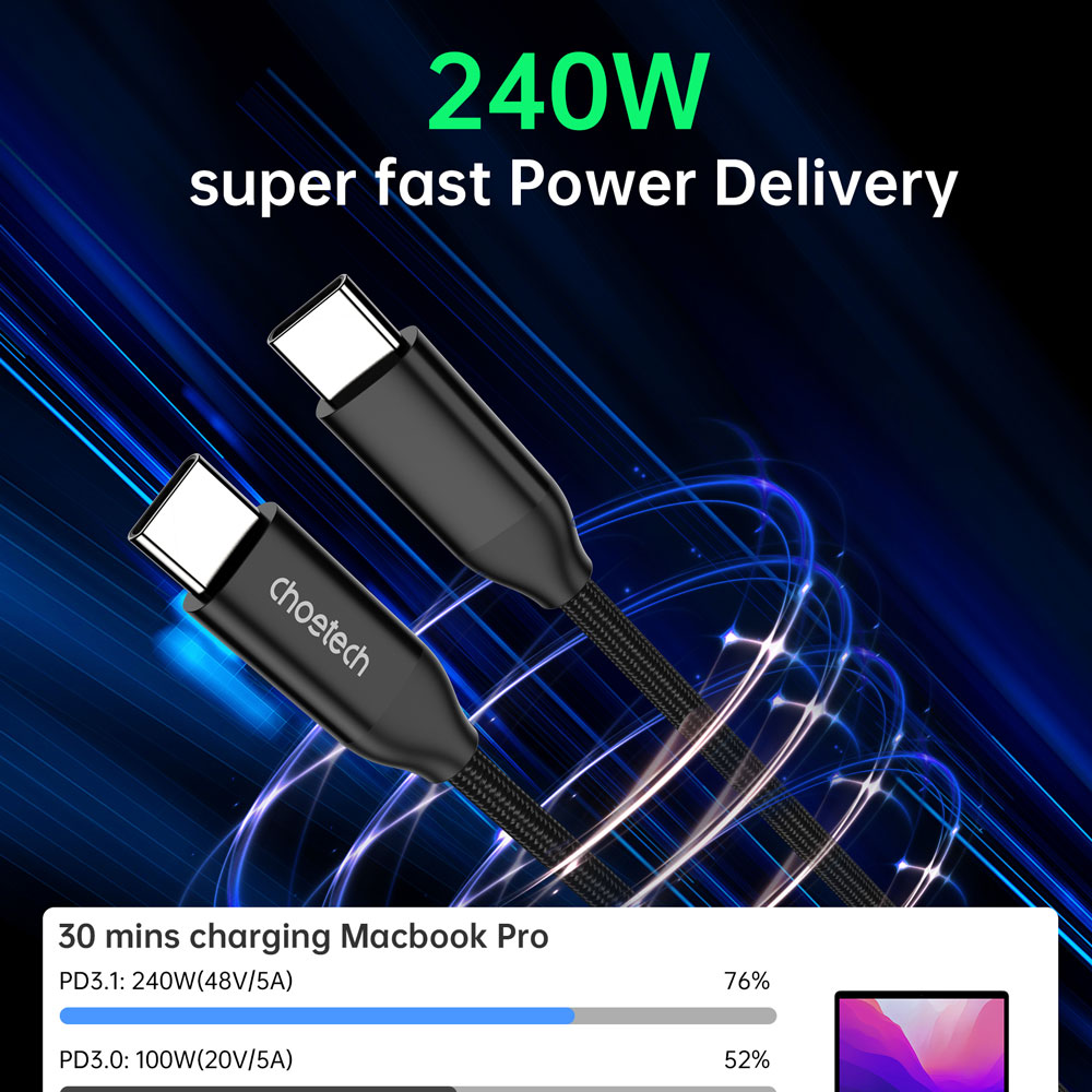 Choetech XCC-1035 PowerSync Charging Cable, USB-C to USB-C, 240W, 1.2M, Black