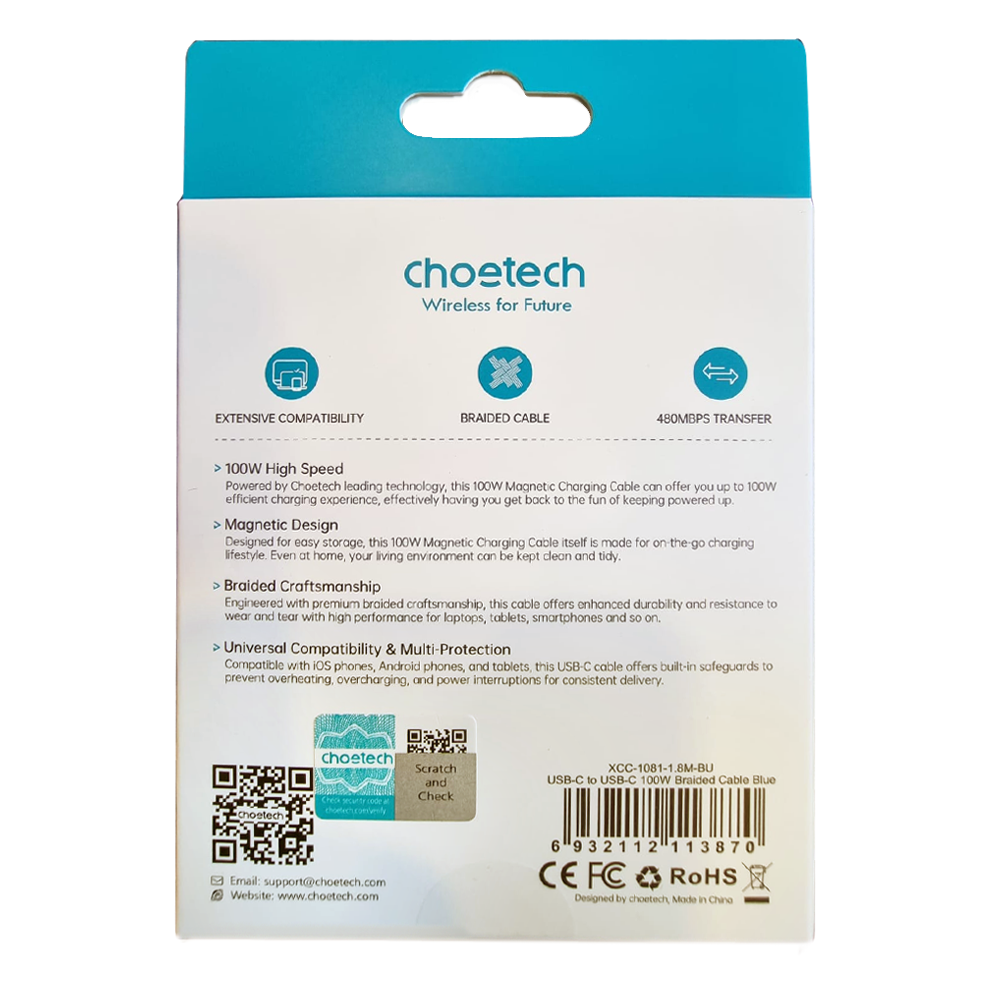 Choetech XCC 1081 100W USB-C to USB-C Magnet Cable 1.8m
