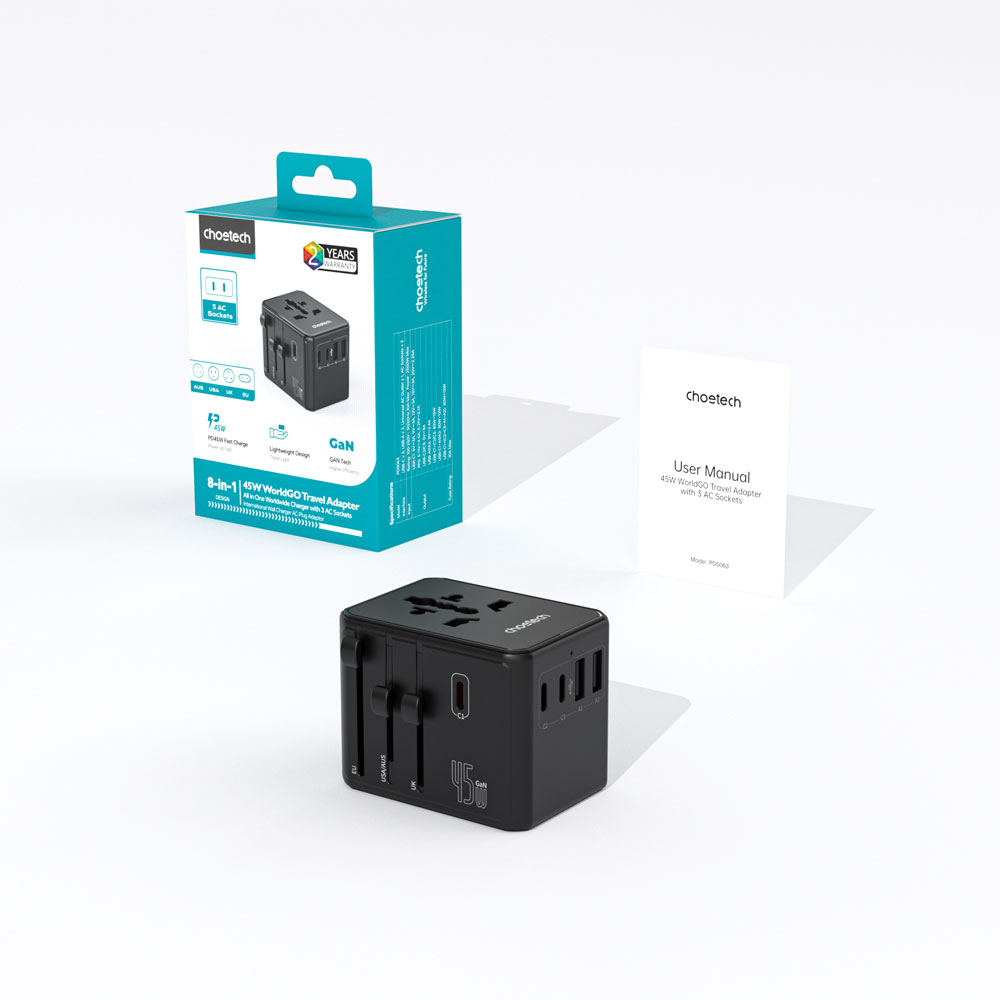 Choetech PD5063 WorldGO PD45W traveling charger , 2A3C3AC, Black