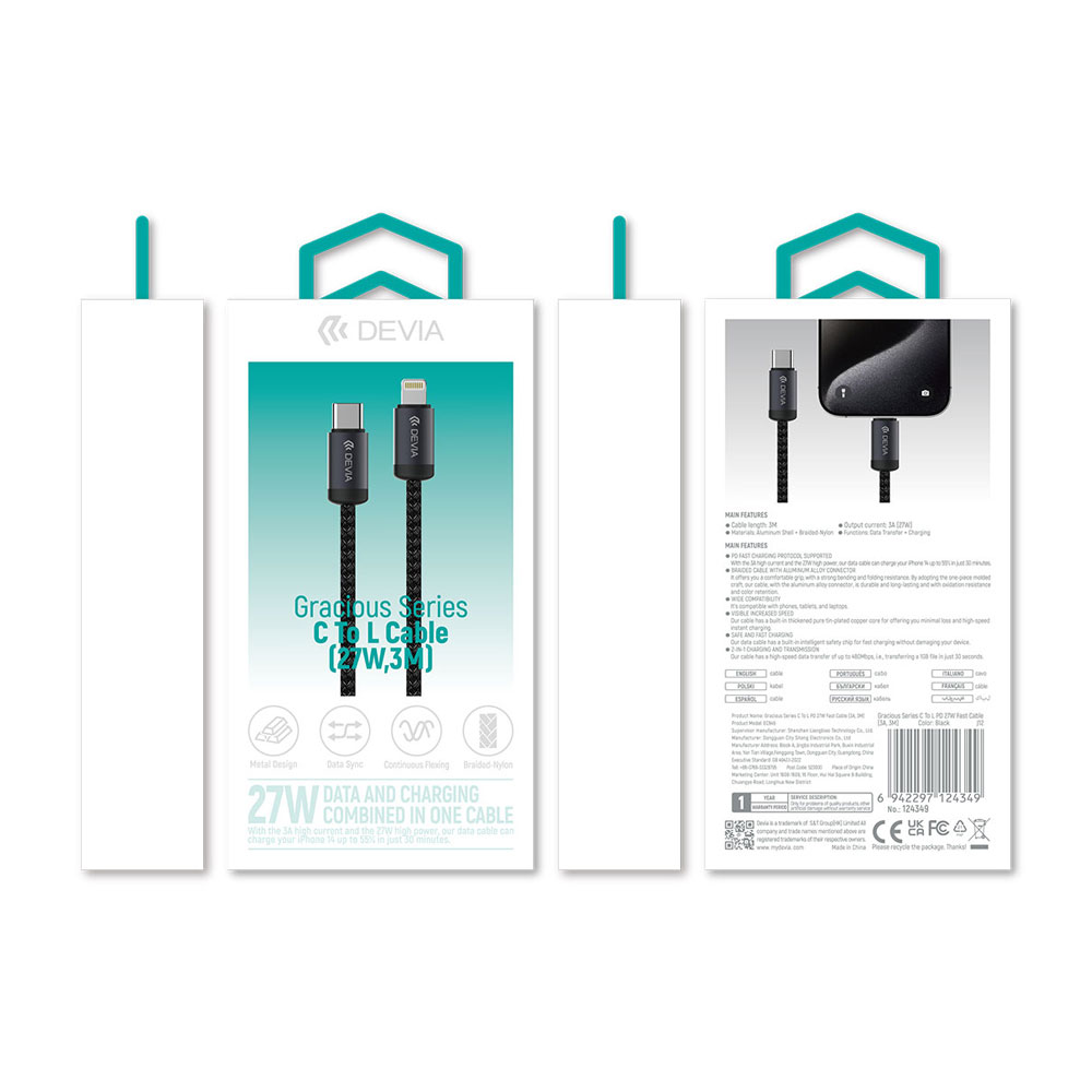 Devia Gracious Series  C To L PD 27W Fast Cable(3A,3M)