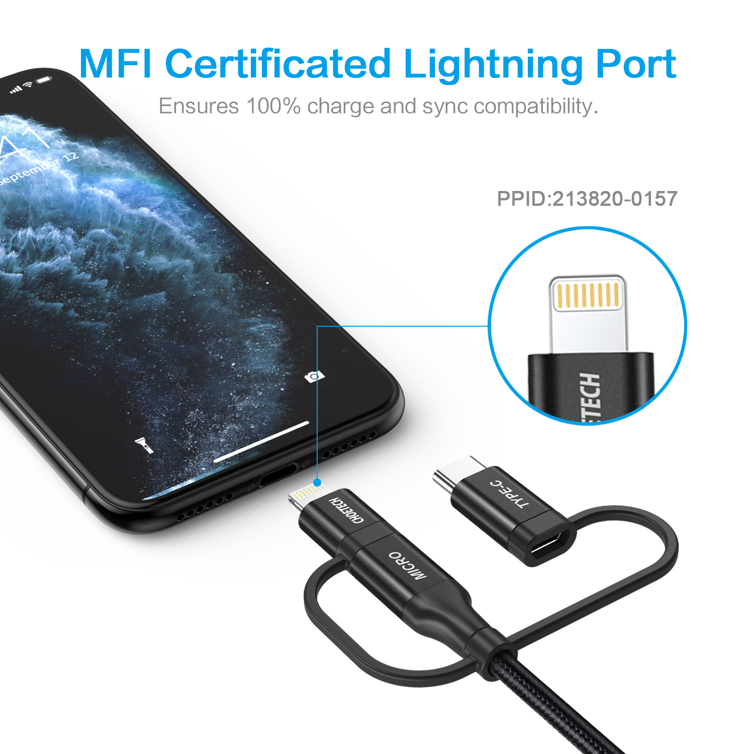 IP0030 - 1.2m MFI 3-in-1 usb-A to type-c+micro+lightening nylon cable