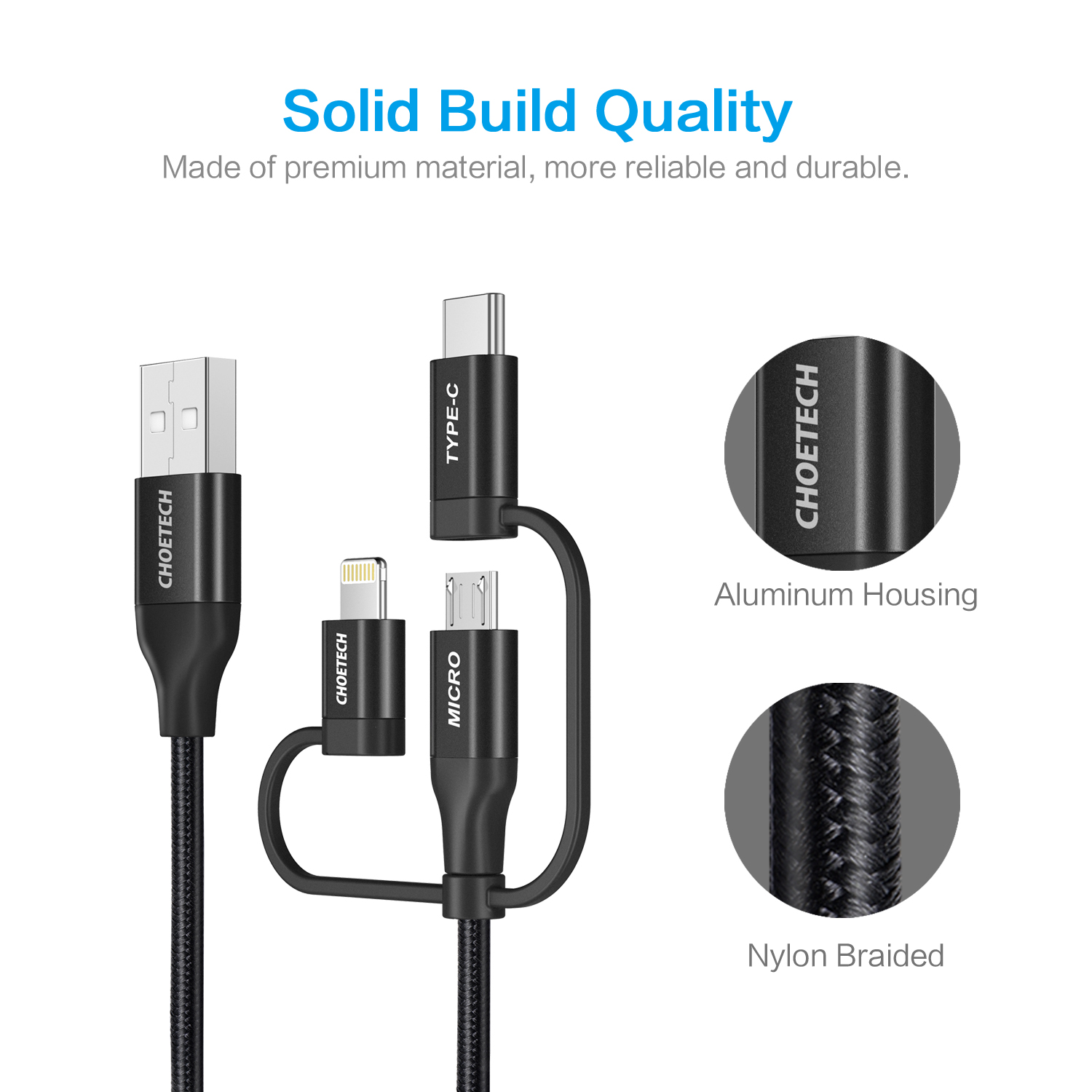 IP0030 - 1.2m MFI 3-in-1 usb-A to type-c+micro+lightening nylon cable