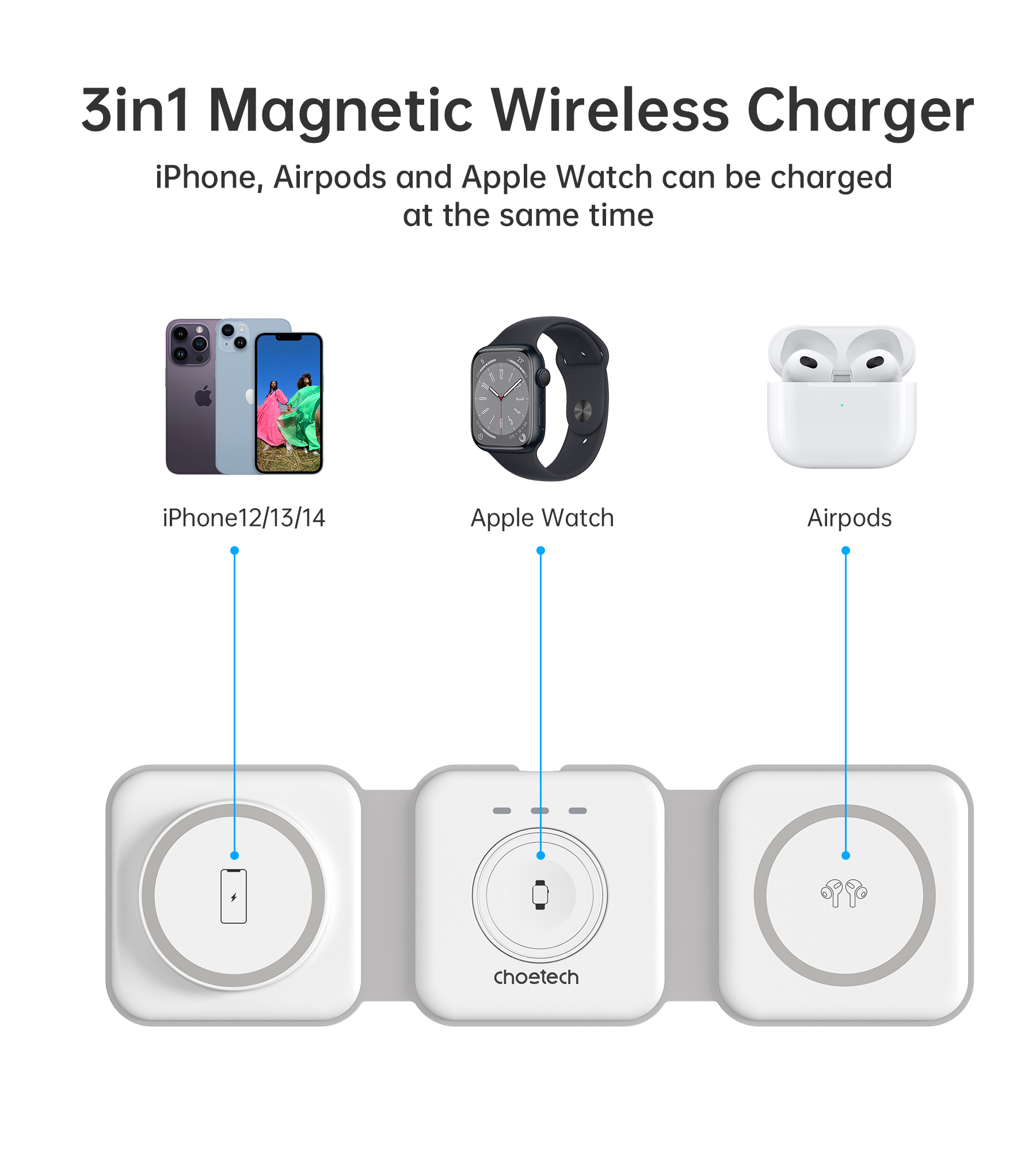 T588-F 3 in 1 Foldable Magnetic Wireless Charger White Color